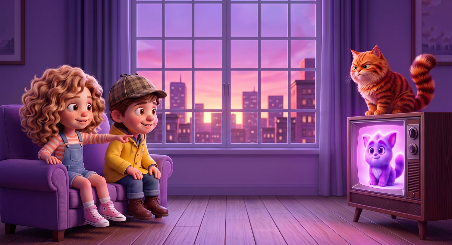 Léo et Lily regardant l'annonce à la télé